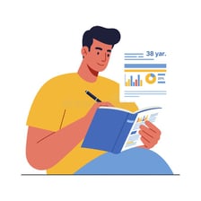 A person evaluating information while taking notes.