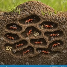 Ants excavating tunnels in soil near an underground nest