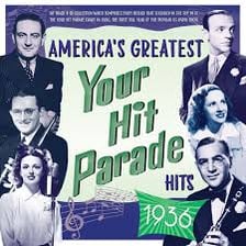 A vintage music chart listing popular hit songs.
