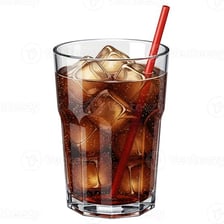 A straw standing in a glass of iced drink.
