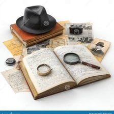 An open mystery novel beside a magnifying glass and detective notes.