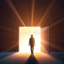 A person coming out through a doorway