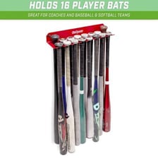 Several softball bats arranged in an equipment rack.