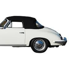 A convertible automobile with its soft roof visible.