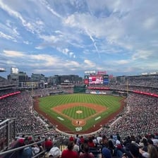 Washington Nationals fans wearing team colors.