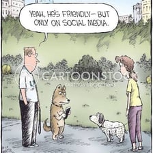 An illustration contrasting an in-person real-life scene with an online screen.