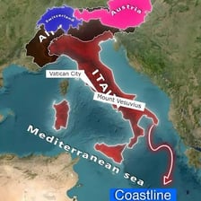 A map of Italy showing its recognizable boot-like shape.
