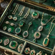 A jewelry-store display filled with emerald jewelry