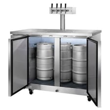 A beer keg fitted with a tap for dispensing beer.