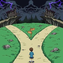An illustration of a person facing two unfavorable choices at a crossroads.