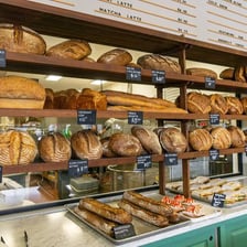 Freshly baked bread and pastries in a bakery.