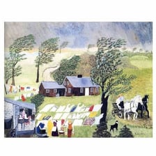 A painting by Grandma Moses displayed with a portrait of the artist.