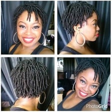 Hair styled in multiple rope-like locs.