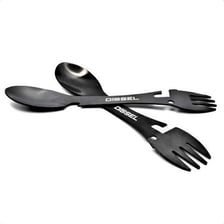 A spork with a spoon-shaped bowl and fork tines.