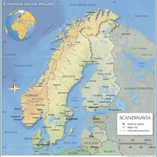 A map showing Norway in Scandinavia