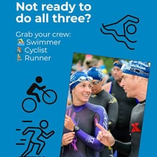 A triathlon scene showing swimming, cycling, and running