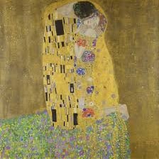 Gustav Klimt's painting The Kiss, showing an embracing couple in patterned robes.