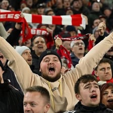 Soccer fans cheering in a stadium