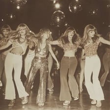 Dancers performing the Hustle on a 1970s disco dance floor.
