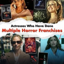 A horror-film actress shown in a split-screen scene.