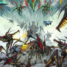 Science-fiction scene depicting futuristic warfare associated with “Starship Troopers”