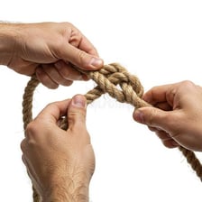 Hands tying a rope into a knot.