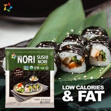 A dark green sheet of nori used to wrap sushi.