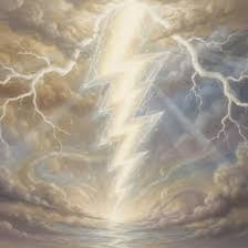 A dramatic biblical-style scene with lightning striking from the sky