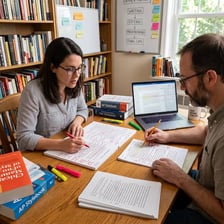 An editor proofreading a manuscript with marked corrections