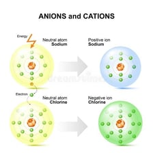 An educational illustration showing positively and negatively charged ions