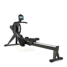 An indoor rowing machine with a sliding seat and handle.