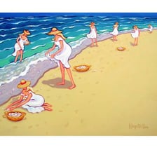 A woman associated with seashells on a seashore.