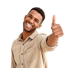 An excited person giving a thumbs-up gesture.