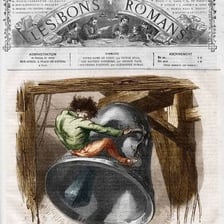 An illustration of Quasimodo ringing a bell in Notre-Dame