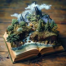 An open storybook beside a dramatic landscape suggesting an epic saga.