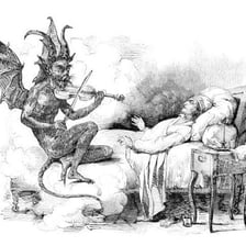 A dramatic illustration evoking a devilish or satanic figure