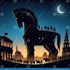 A depiction of the Trojan Horse associated with the city of Troy