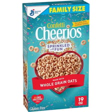 A Cheerios Confetti cereal box showing ring-shaped cereal pieces