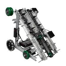 Student-built VEX robots arranged for a robotics competition