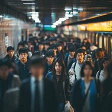 Busy commuters moving through a city during the workday.