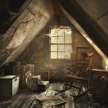A dim, cluttered attic interior