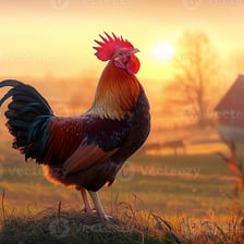 A rooster crowing in the morning light