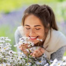 A person smelling flowers to experience their odors
