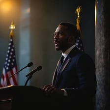 A politician speaking at a podium