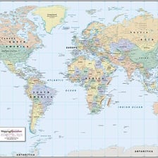 A political world map showing the locations and borders of countries