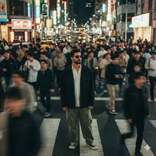 An unidentified stranger standing among people in a public place