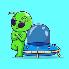 An extraterrestrial depicted working on a flying saucer