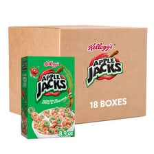 A bowl and box of Kellogg's Apple Jacks cereal