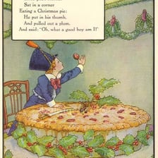 An illustration of Little Jack Horner beside a pie.