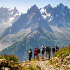 Hikers traveling along a mountain trail